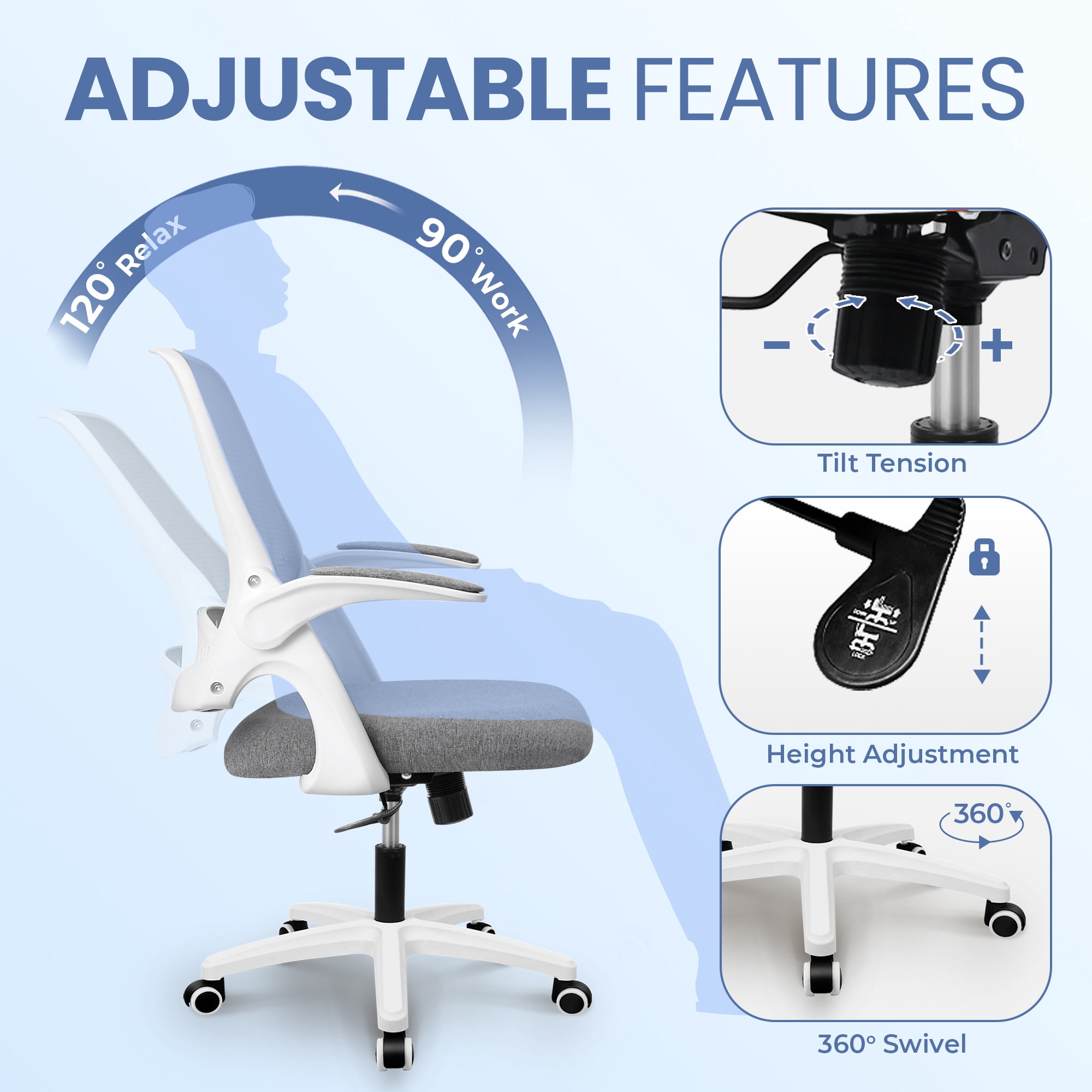 CELTOSS Ergonomic Office Chair, Flip-Up Arms, Adjustable Lumbar Support, Grey
