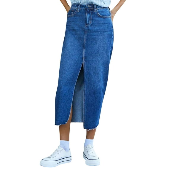 Wangsaura Women High Waist Denim Maxi Skirt Split Thigh Zip Up Jeans Skirt Bodycon A Line Long Skirt with Pocket