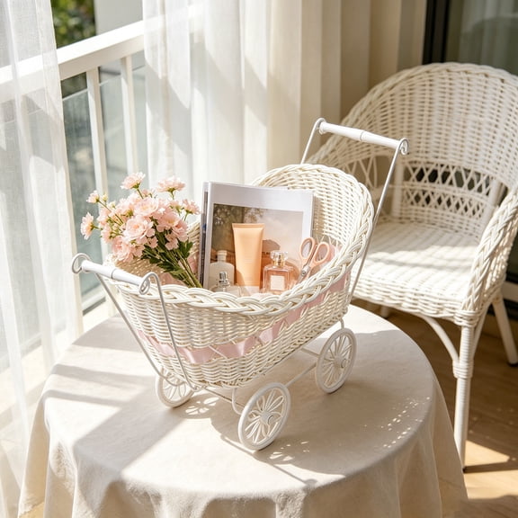 Orangide Rattan Flower Basket with Wheel and Handle, Faux Woven Pram Shaped Storage Basket for Fruit Wedding Party Rustic Home Decor