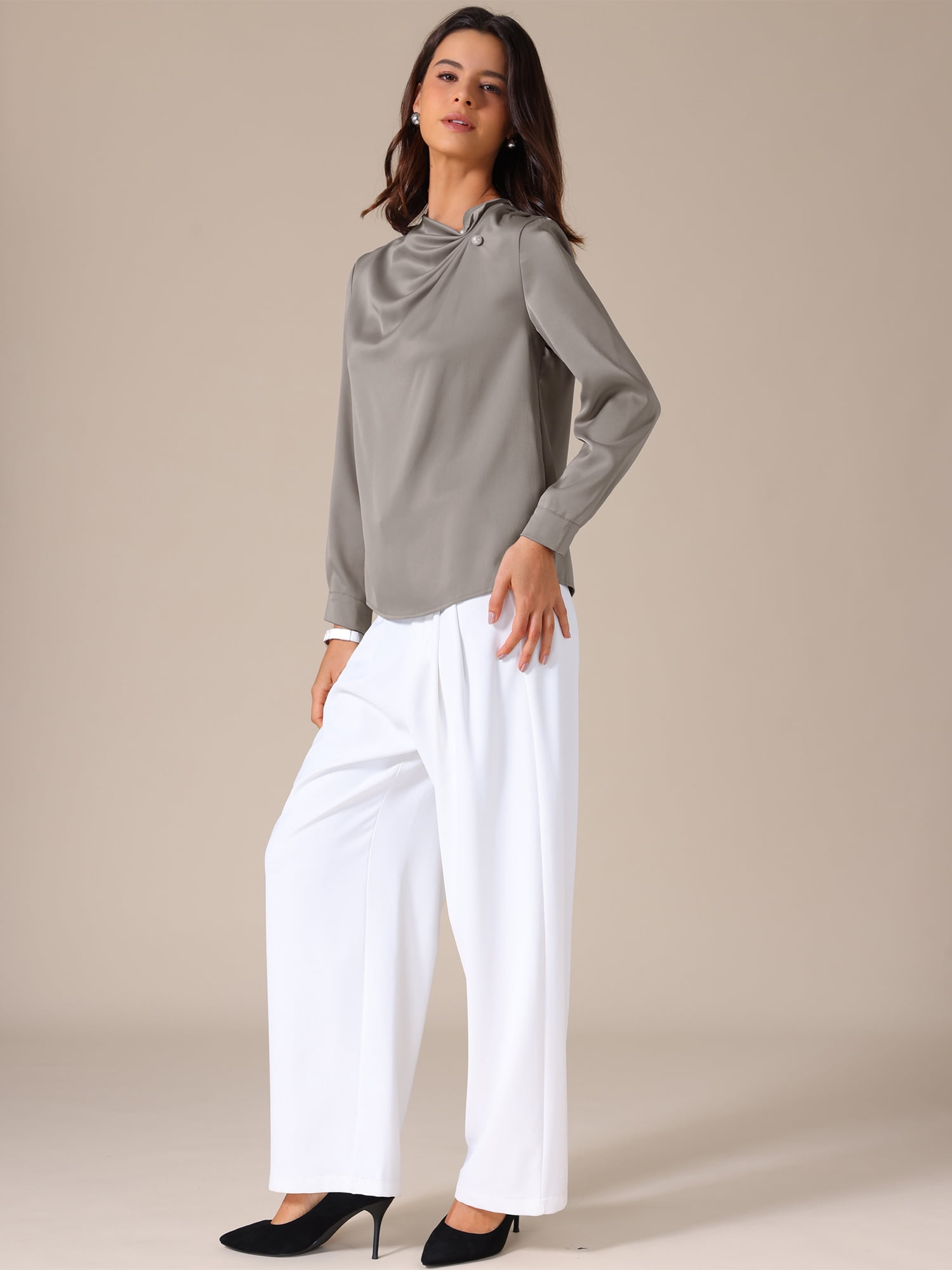 DARING DIVA Women's Business Blouses Long Sleeve Satin Shirts Work Shirt M Grey