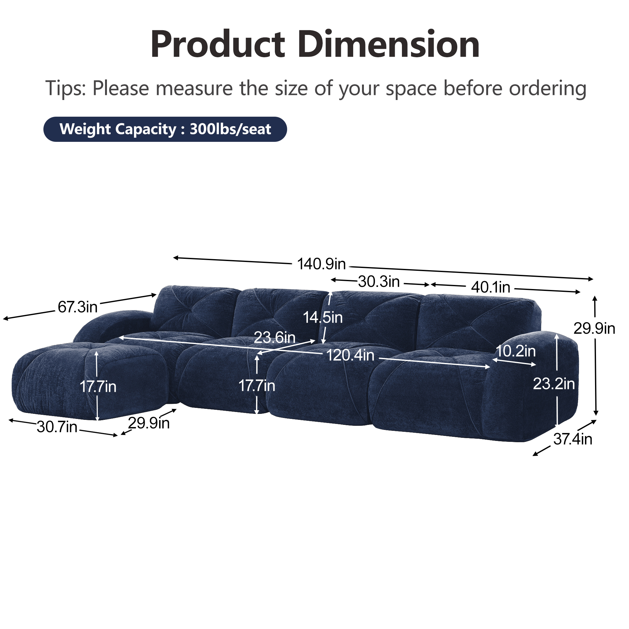 AISWORD 140" 4-Seat L-Shaped Modular Sectional with 1 Ottoman, Ultra-Soft Boneless Sectional with 32D High-Density Foam & Anti-Slip Bottom, No Assembly Required