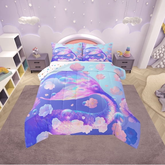 Erosebridal Princess Mermaid Bedding Sets Twin with Comforter, Dreamy Flower Duvet Insert, Fish Tail Reversible Down Comforter, Microfiber Room Decor, 2-Piece