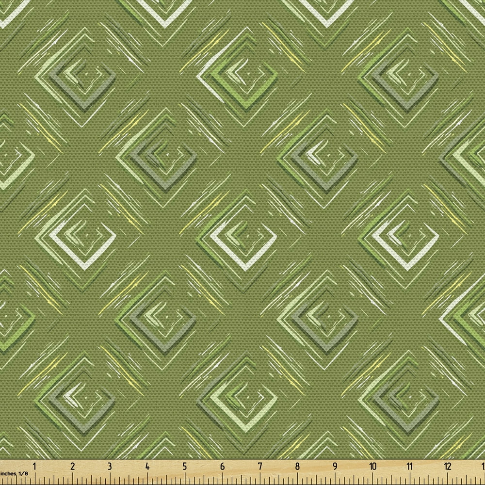 Olive Green Fabric by the Yard, Grunge Geometric Pattern Square Shape Diagonal Abstract Rhombus