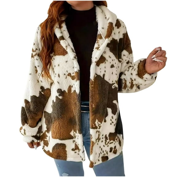 Lovskoo Women's Winter Coat Fuzzy Fleece Long Sleeve Hooded Warm Jacket Print Zipper Sweatshirt Brown