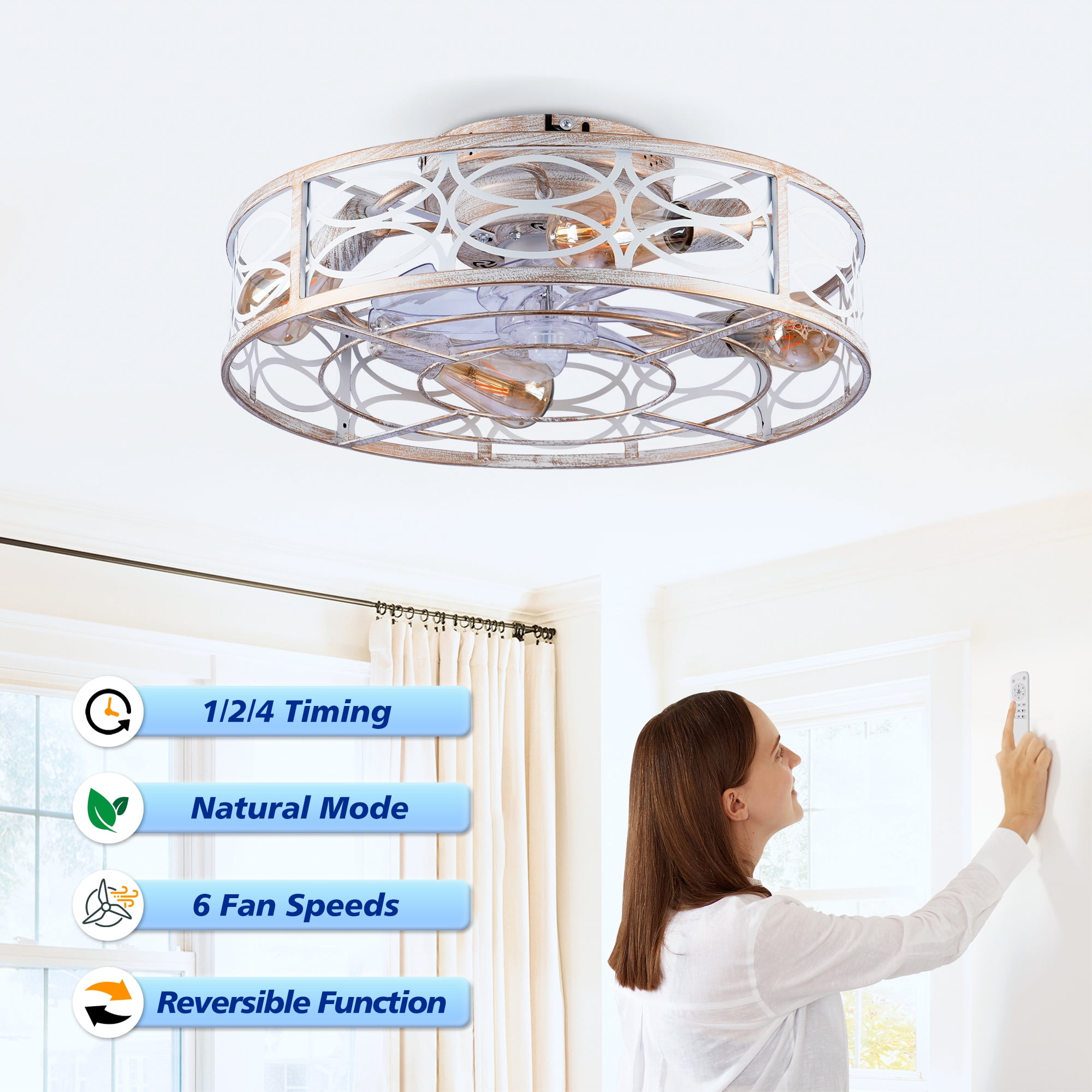 Leumius 20" Caged Ceiling Fans with Lights and Remote, Flush Mount Caged Ceiling Fan 6 Speed Reversible with Remote Control for Living Room Bedroom Dining Room White (NOT Included Bulbs)