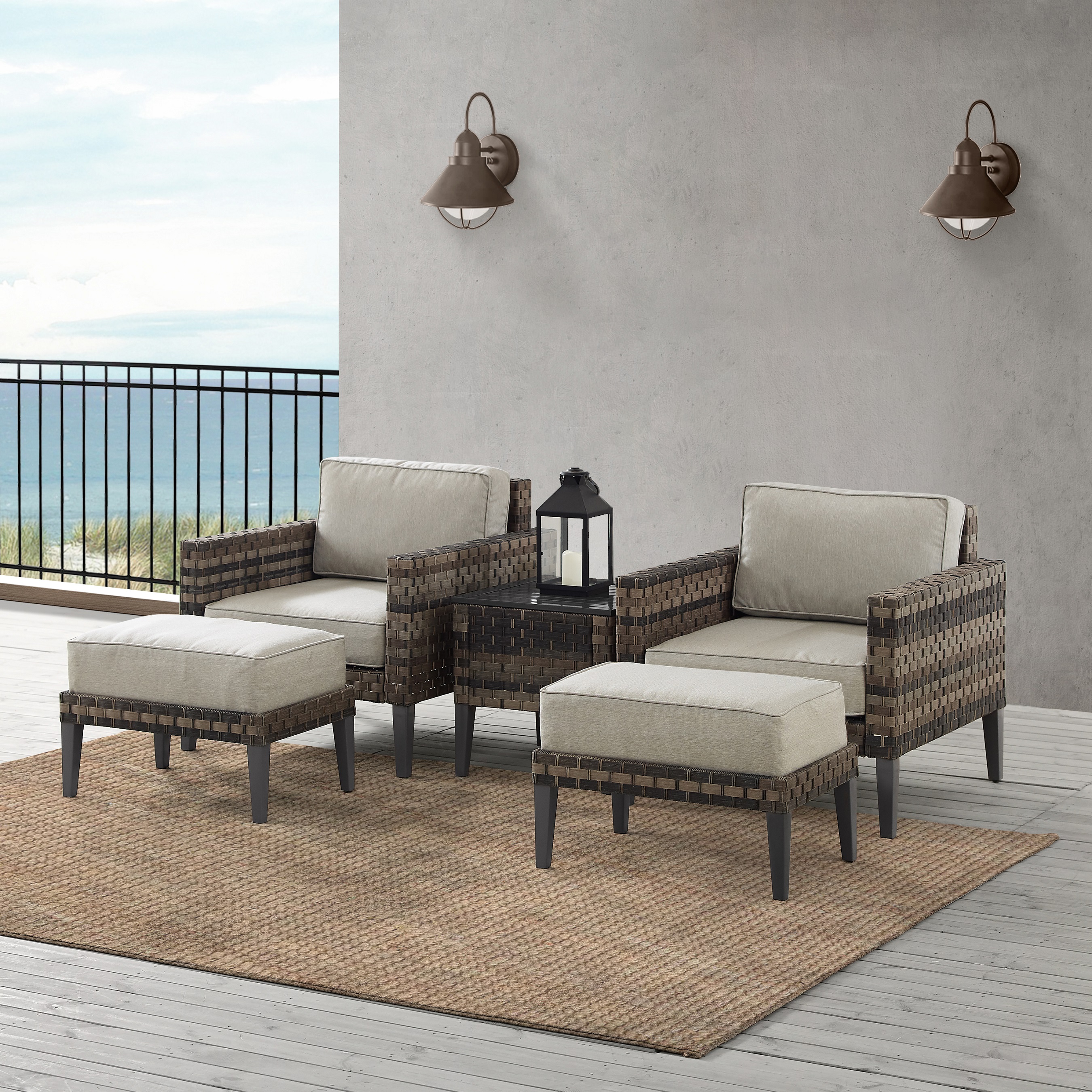 Crosley Furniture Prescott 5Pc Outdoor Wicker Armchair Set Taupe/Brown - Side Table, 2 Armchairs, & 2 Ottomans - image 2 of 18