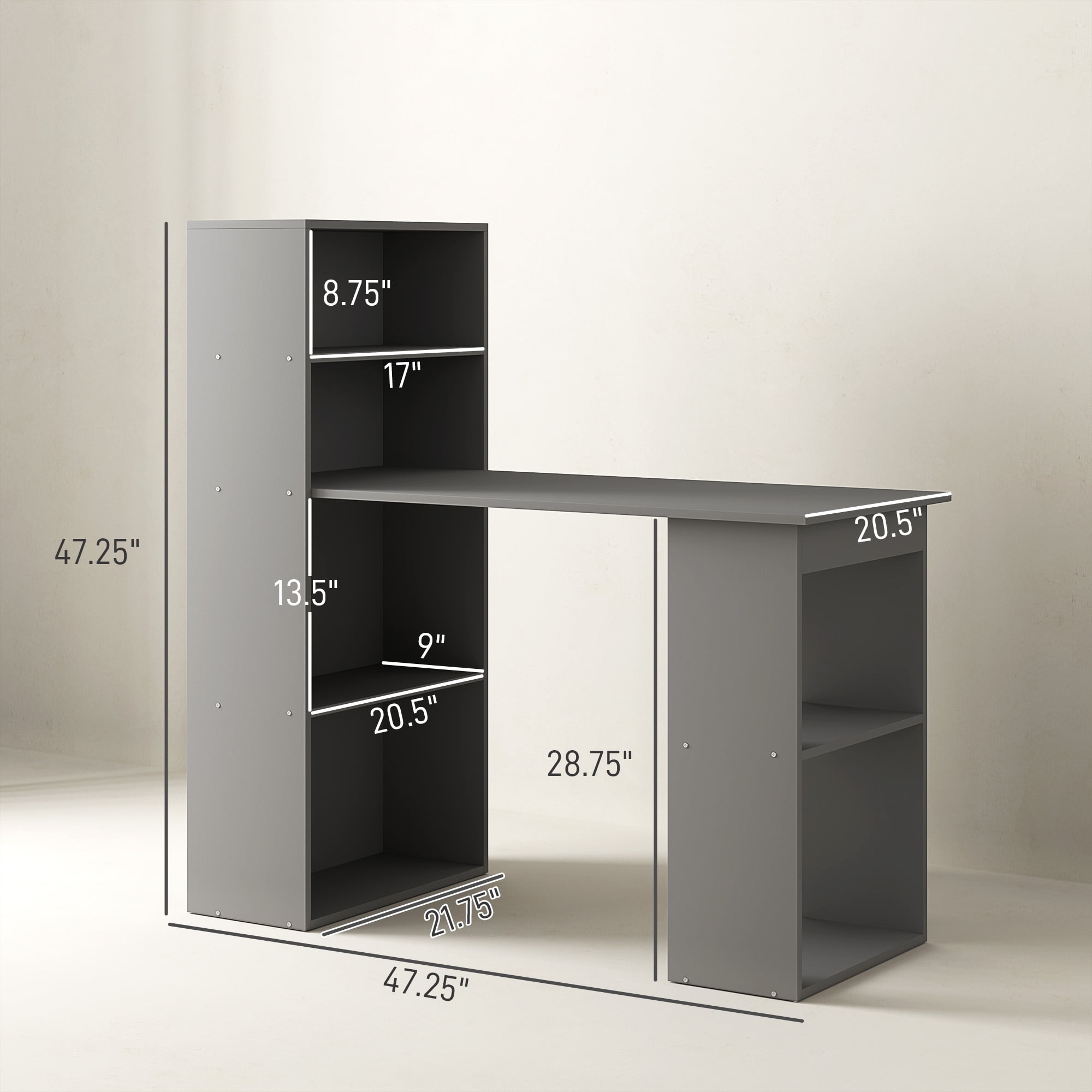 HOMCOM Modern Compact Computer Desk with 6-Tier Storage Shelves, Writing Table Workstation with Bookshelf for Home Office, Gray