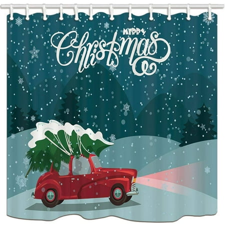 BPBOP New Year Pine Tree On The Roof Red Car Merry Christmas Polyester Fabric Bathroom Shower Curtain 66x72