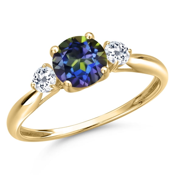 Gem Stone King 10K Yellow Gold Blue Mystic Topaz and White Topaz 3-Stone Ring for Women | 1.28 Cttw | Round 6MM | Gemstone November Birthstone | Size 7