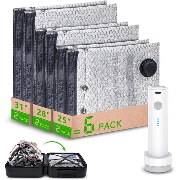 AMIR 6 Vacuum Storage Bags with Electric Pump, Luggage Compression Bags Space Saver Seal Bags for Clothes Travel Home Organization Essentials