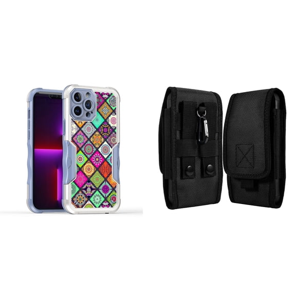 Case and Pouch Bundle for iPhone 14 Pro Max: Heavy Duty Armor Rugged Case (Mediterranean Tile Pattern) and Vertical Rugged Nylon Belt Holster