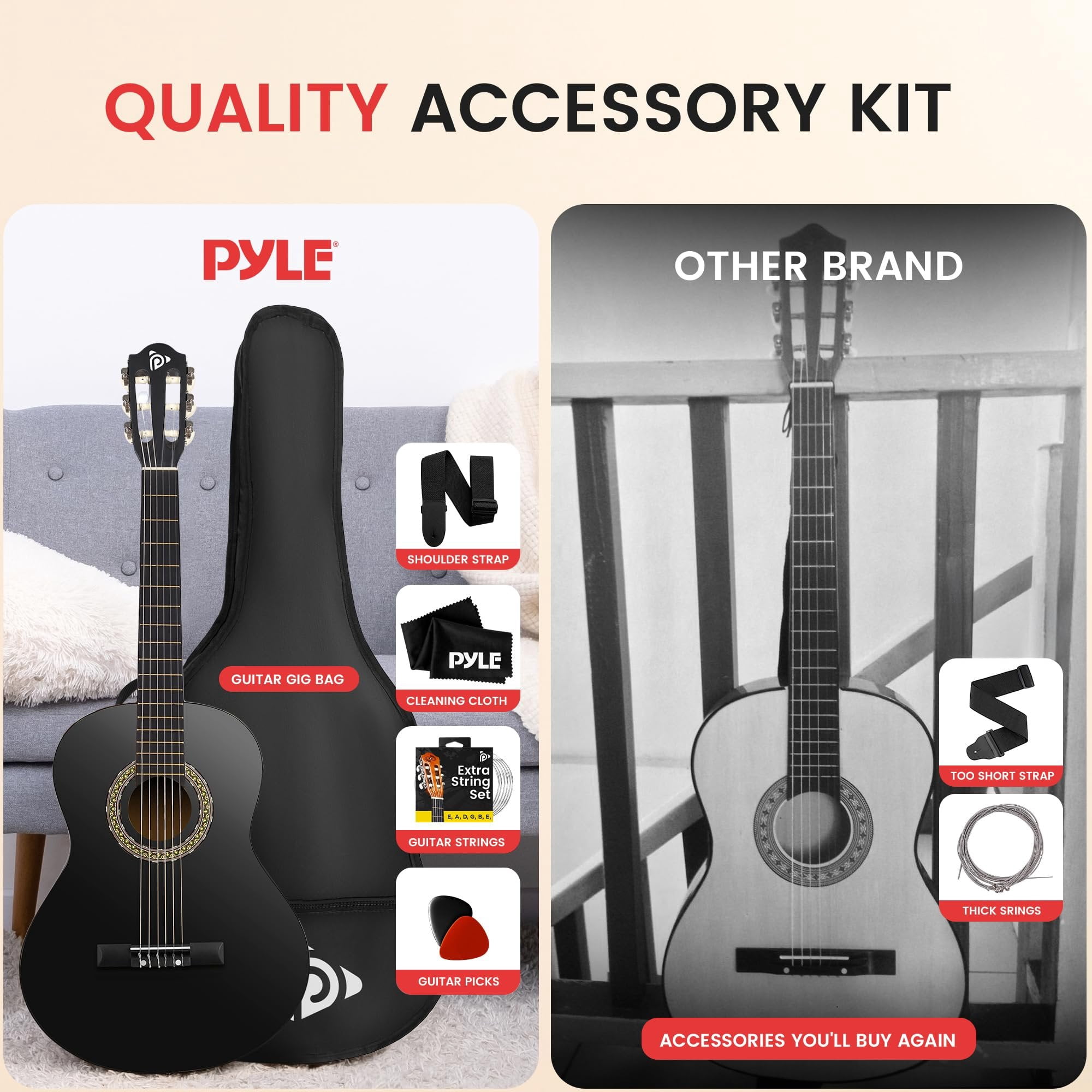 Pyle 6 String Acoustic Guitar, Right, Black Matte, 30" PGACLS30BKMT