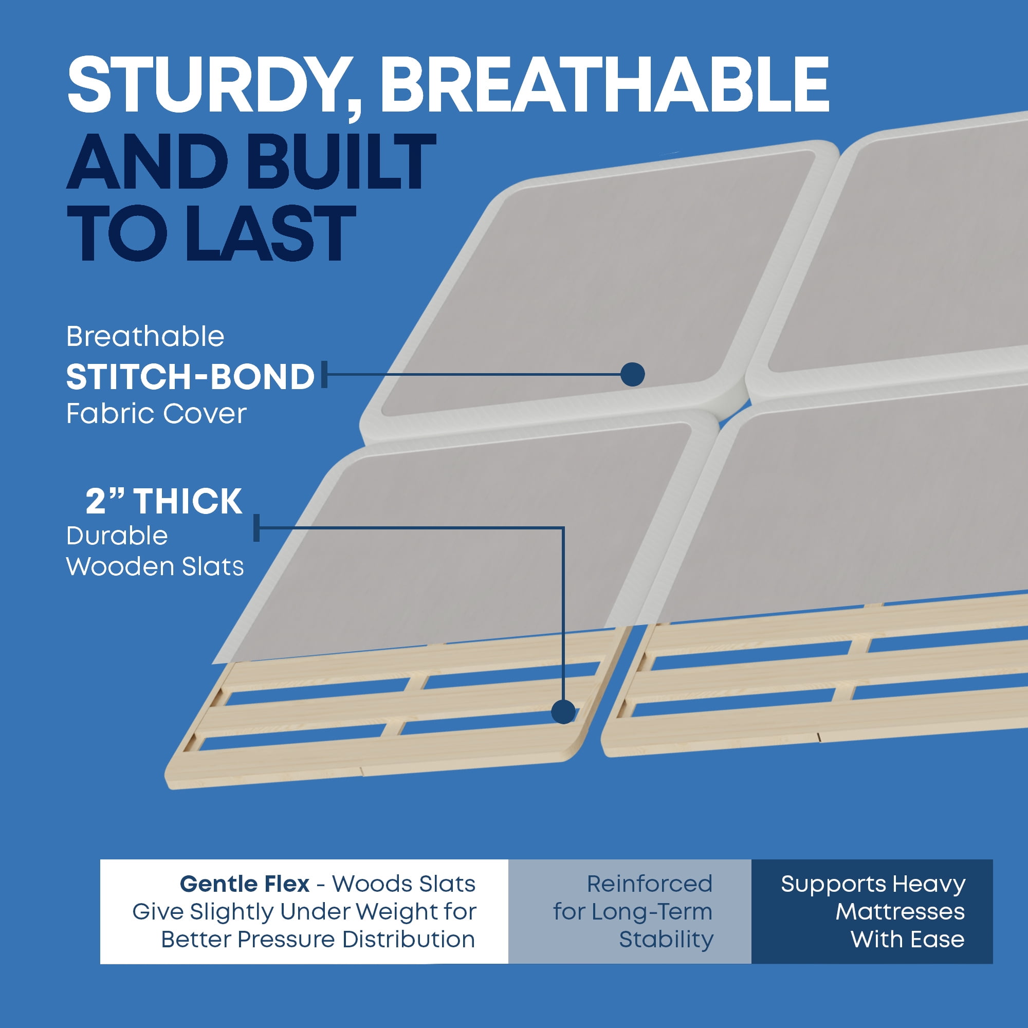 Continental Sleep, Box Spring Bed Base King Size, 2-Inch Wood Mattress Foundation, Quiet Noise Free, 4-Pieces Under Mattress Support Box Spring, Fully Assembled, White