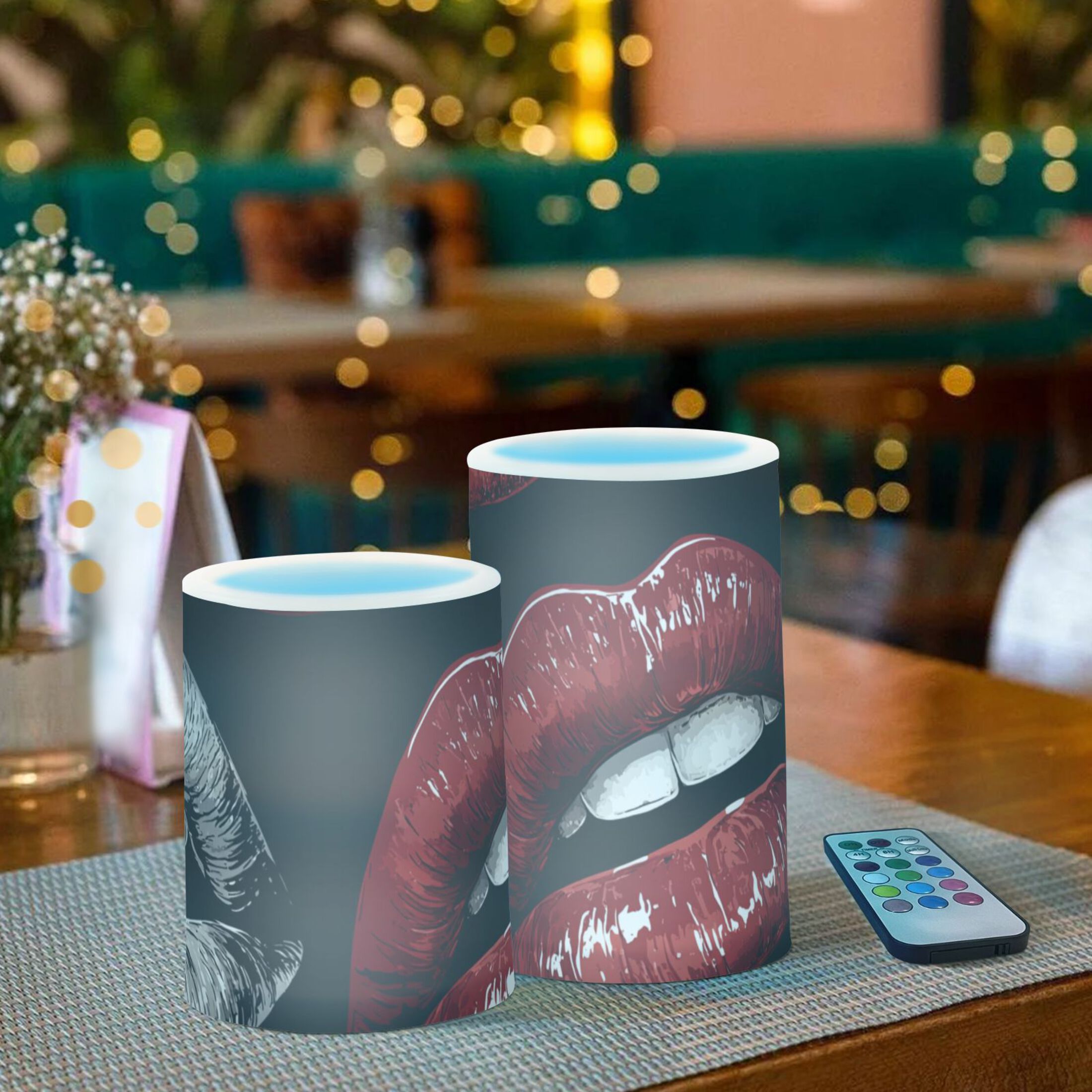 Sexy Red Lips Flickering Flameless Candles LED Tealight Battery Operated with Remote Set of 2 Holiday Decor Ornaments