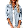 thumbnail image 2 of Edvintorg Denim Tops for Women Turndown Collar Long Sleeve Casual Loose Button Down Jean Shirt with Pockets Womens Trendy Clothes Silver S, 2 of 8