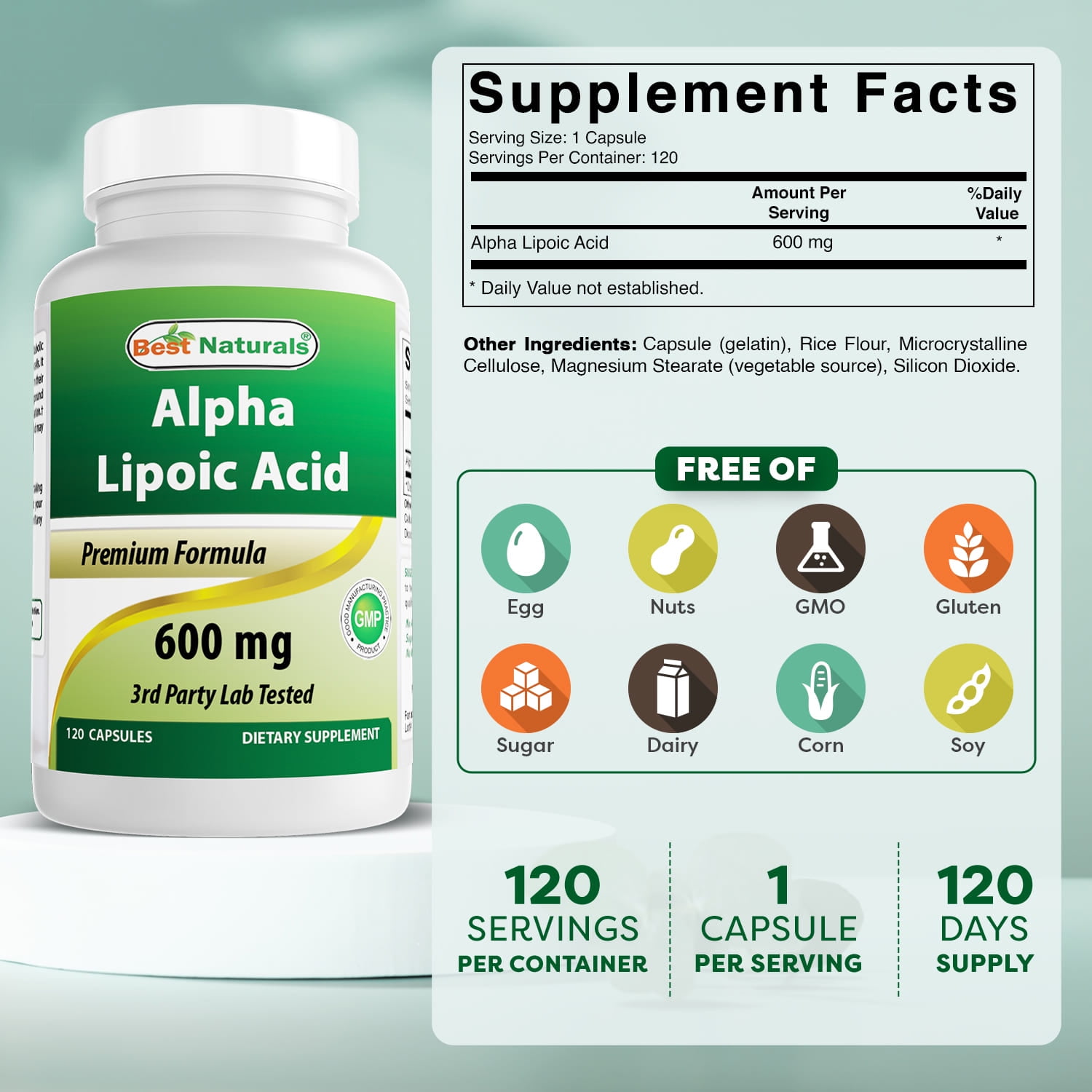 Best Naturals Alpha Lipoic Acid Antioxidant Protection Health Pills, 600 mg, 120 Capsules