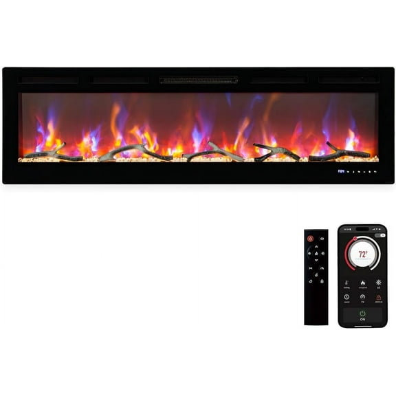 EcoSummer 60 Inch Built in Electric Fireplace with WiFi and Remote Control, 12 Realistic Flickering Flame Colors, 750 1500W Wall Mounted Fireplace Heater with Alexa Compatibility and Timer