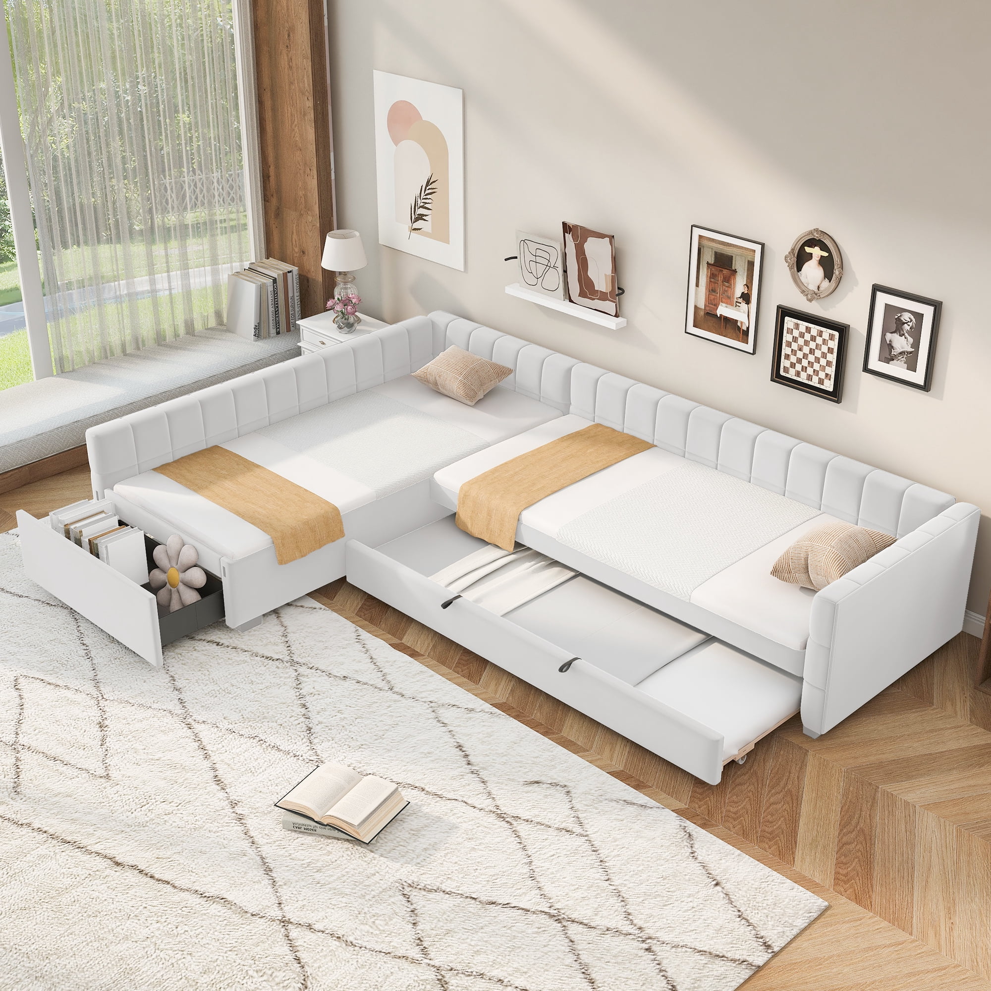 Euroco Upholstery L-Shaped Twin Platform Bed with Trundle and Drawer, 3 Beds in 1, No Spring Box Needed, Beige