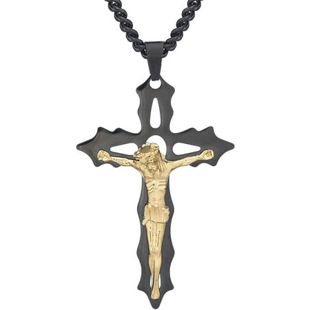 Jewelry Stainless Steel Black Cross with Gold-Tone Jesus Crucifix Pendant, 24