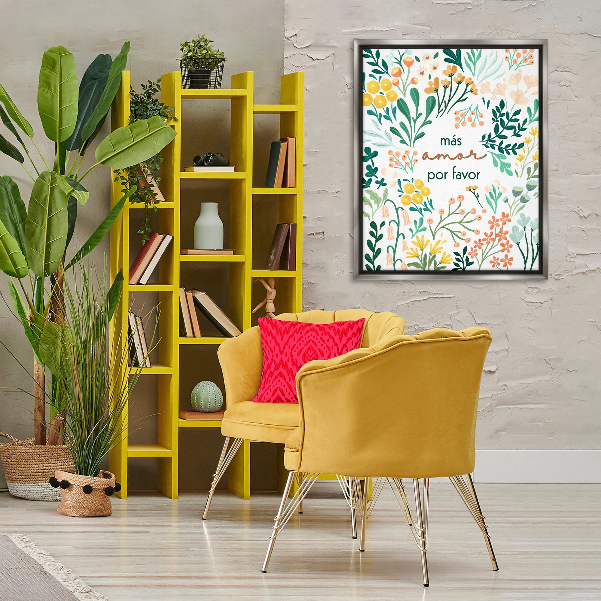 Stupell Industries Más Amor Por Favor Flores Inspirational Quotes & Sayings Painting Gray Floater Framed Art Print Wall Art, 25 x 31