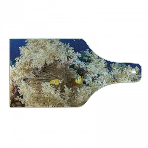 Shark Cutting Board, Reef with Little Clown Fish and Sharks East Egyptian Red Sea Life Scenery Food Chain, Tempered Glass Cutting and Serving Board, Wine Bottle Shape, Blue Cream, by Ambesonne