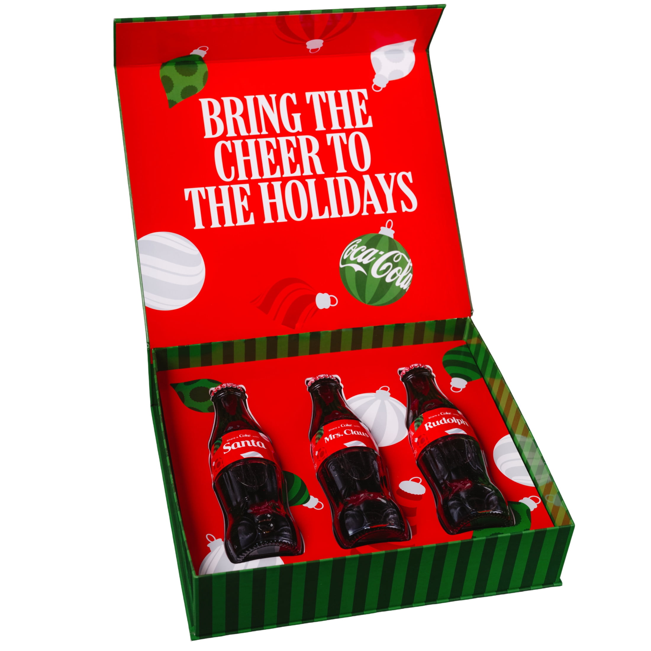 Coca-Cola Holiday Kit Exclusive Glass Bottles with Santa, Mrs. Claus, and Rudolph, 8 fl oz, 3 pack