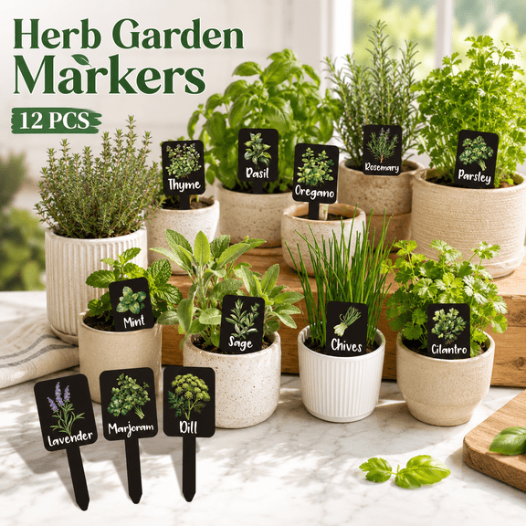 MORAVE 12Pcs 12 Styles Thickened Waterproof Acrylic Herb Plant Label Signs Stake Tags, Garden Herb Markers with Names for Nursery Indoor Outdoor Garden Decor