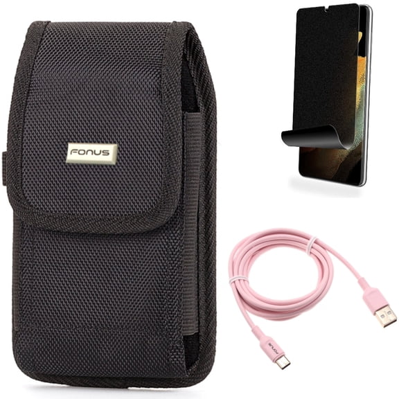 Case Belt Clip & 6ft USB-C Cable & Privacy Screen Protector for Samsung Galaxy S22 Plus (S22 ) - Combo Rugged Holster & Pink Charger Cord Power & TPU Film (Fingerprint) Anti-Peep