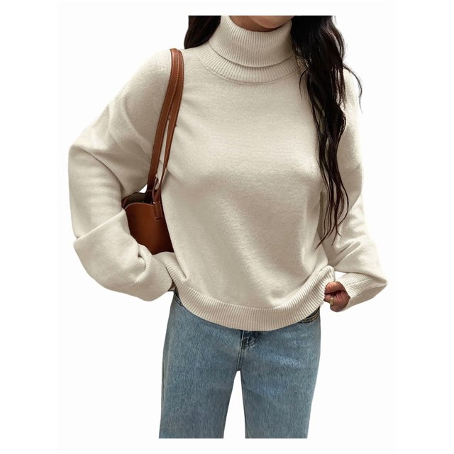 Chandail à Col Roulé pour Femmes, Manches Longues, Tricoté, Ourlet Haut-Bas, Tendance Automne Hiver, Blanc