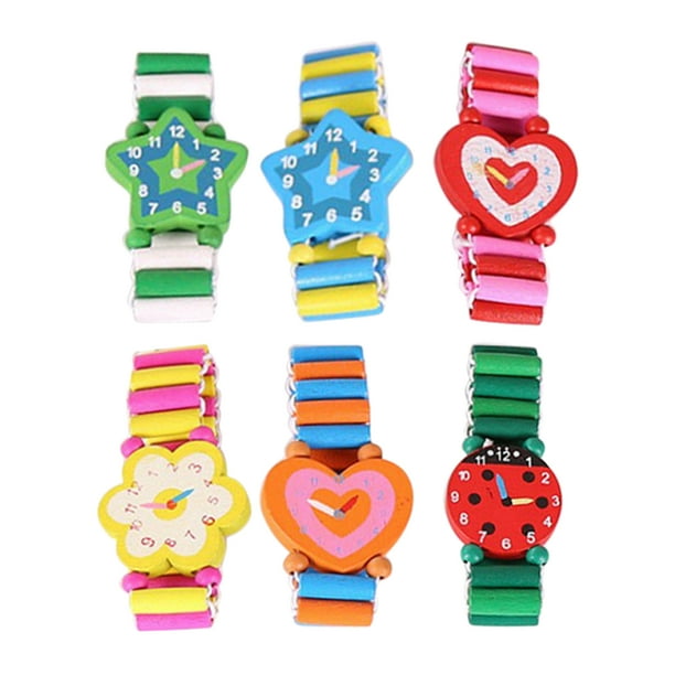 ColoMX Relojes de pulsera de simulación de dibujos animados para niños, artesanía de madera, reloj de pulsera, papelería, Color aleatorio, 6 uds.