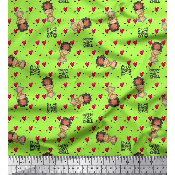 Soimoi Green Cotton Voile Fabric Coffee Glass & Girl Heart Print Sewing Fabric Yard 42 Inch Wide
