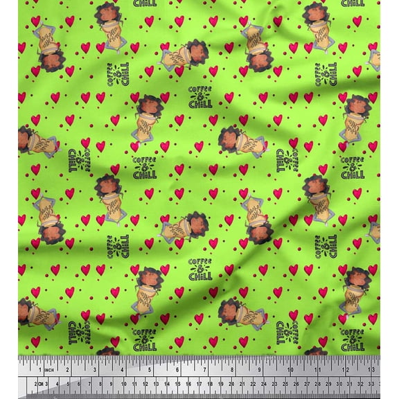 Soimoi Green Cotton Voile Fabric Coffee Glass & Girl Heart Print Sewing Fabric Yard 42 Inch Wide