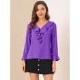 thumbnail image 2 of Blusa de gasa con cuello en V con volantes para mujer, manga de pulsera, blusa campesina vintage Morado oscuro M, 2 of 6