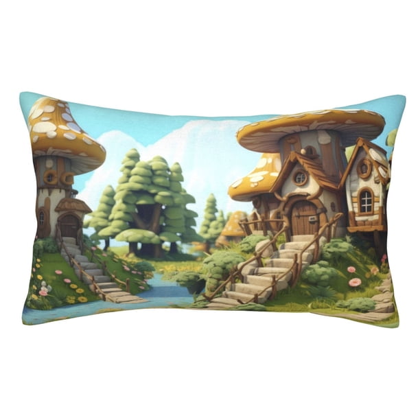 Fotbe Cartoon Mushroom House Funda de Almohada Decorativa Estilo Occidental, Lujo en Algodón, Fundas para Almohadas King, Cojín Estampado para Decoración del Hogar-20"x30"