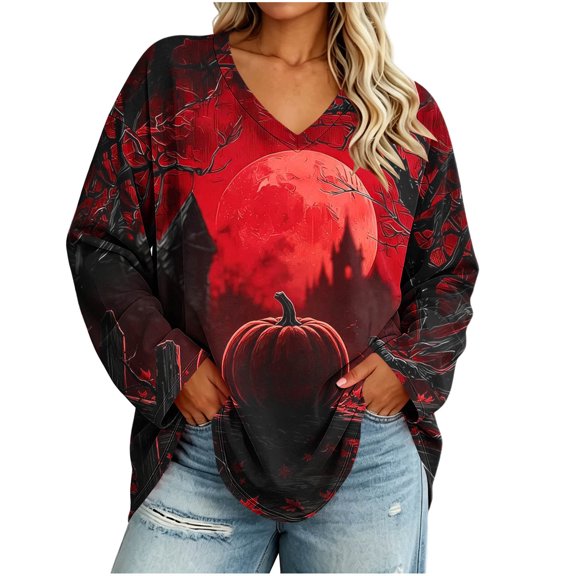 Uootdi Halloween Sweatshirts for Women V Neck Pumpkin Castle Red Moon Graphic Womens Sweatshirt Loose Fit Fall Social Event Stretchy Womens Tops Gift