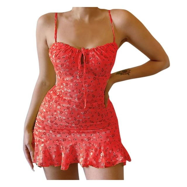 Ruimatai Robe Mini à Bretelles Spaghetti Florale pour Femmes Été Décontractée en Chiffon Sans Manches Col en V Robe de Plage