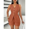 thumbnail image 3 of Women'S Summer 2 Piece Outfits Sleeveless Matching Sets Button Down V Neck Vest Waistcoat and Pockets Shorts Brown L, 3 of 8