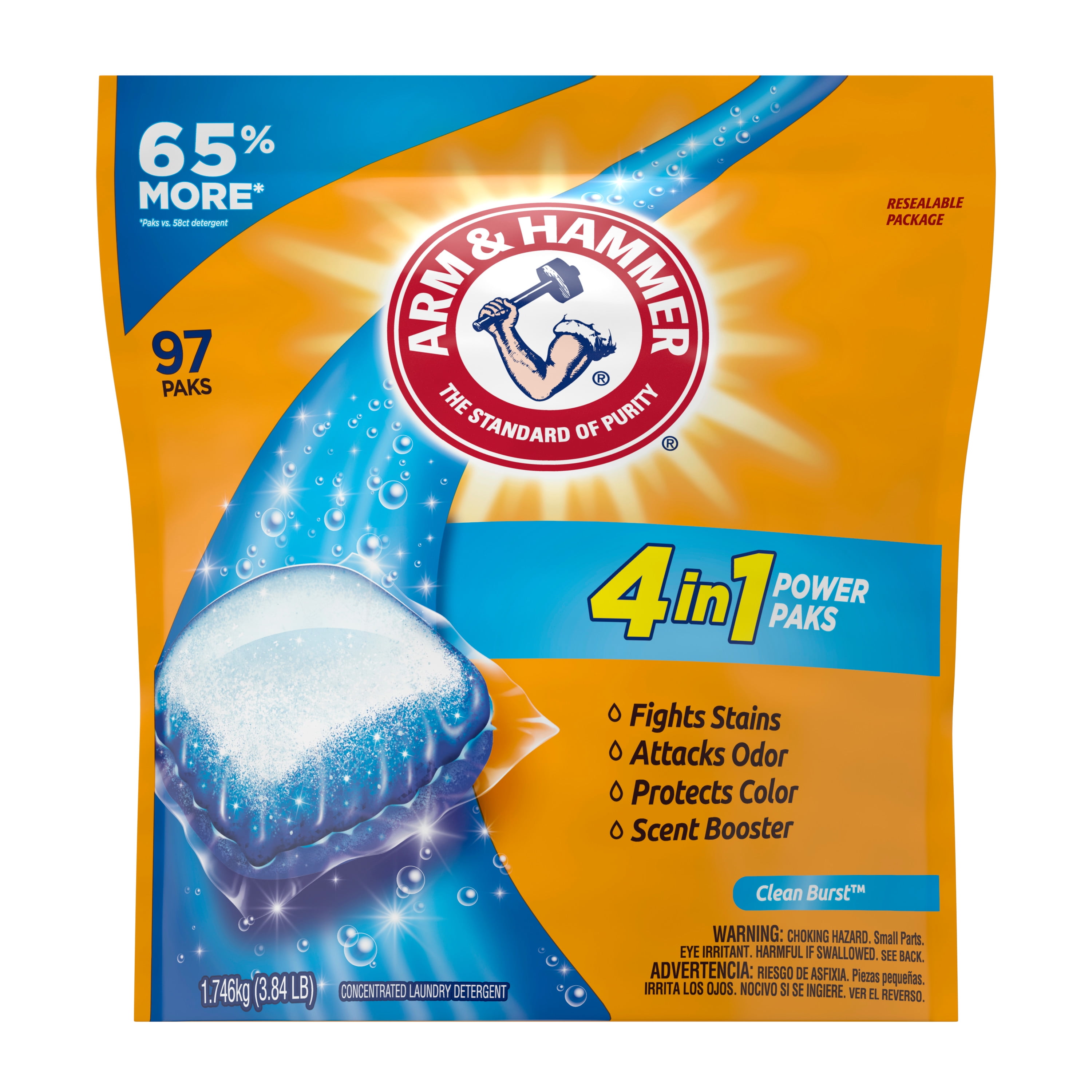 Arm & Hammer 4in1 Laundry Detergent Power Paks, Pods Clean Burst, 97