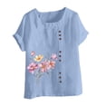 thumbnail image 4 of ALLLIST Womens Tops Clearance Under $10 Blue Crew Neck Printed Short Sleeve Button Floral T-Shirts Spring Blouse M, 4 of 5