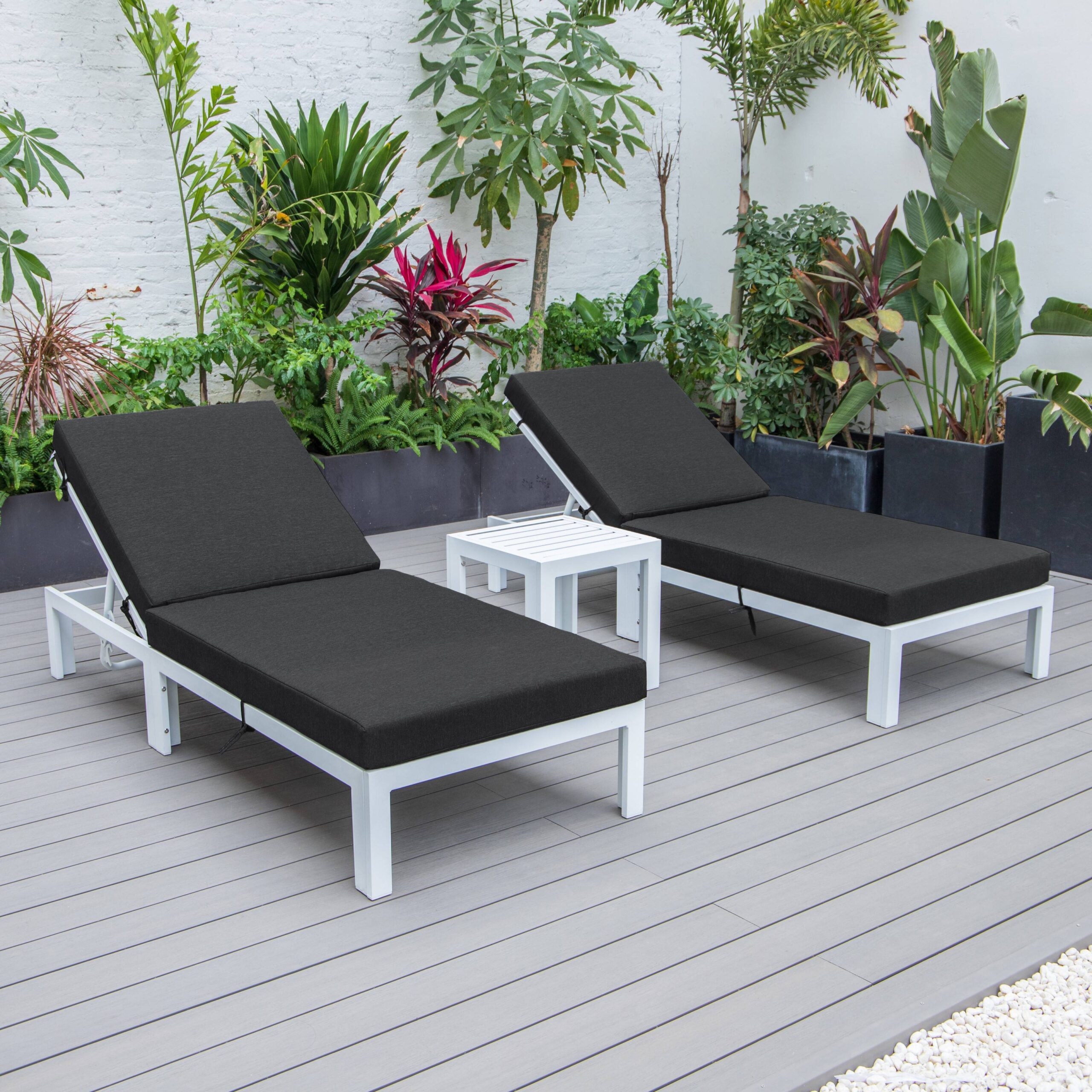 LeisureMod Chelsea Modern White Aluminum Outdoor Chaise Lounge Chair Set of 2 With Side Table & Black Cushions - image 2 of 12