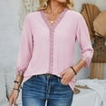 thumbnail image 3 of WREESH V-Neck Lace Crochet Blouse Women's Dressy Casual 3/4 Sleeve Tunic Top in Solid Colors Pink, 3 of 6