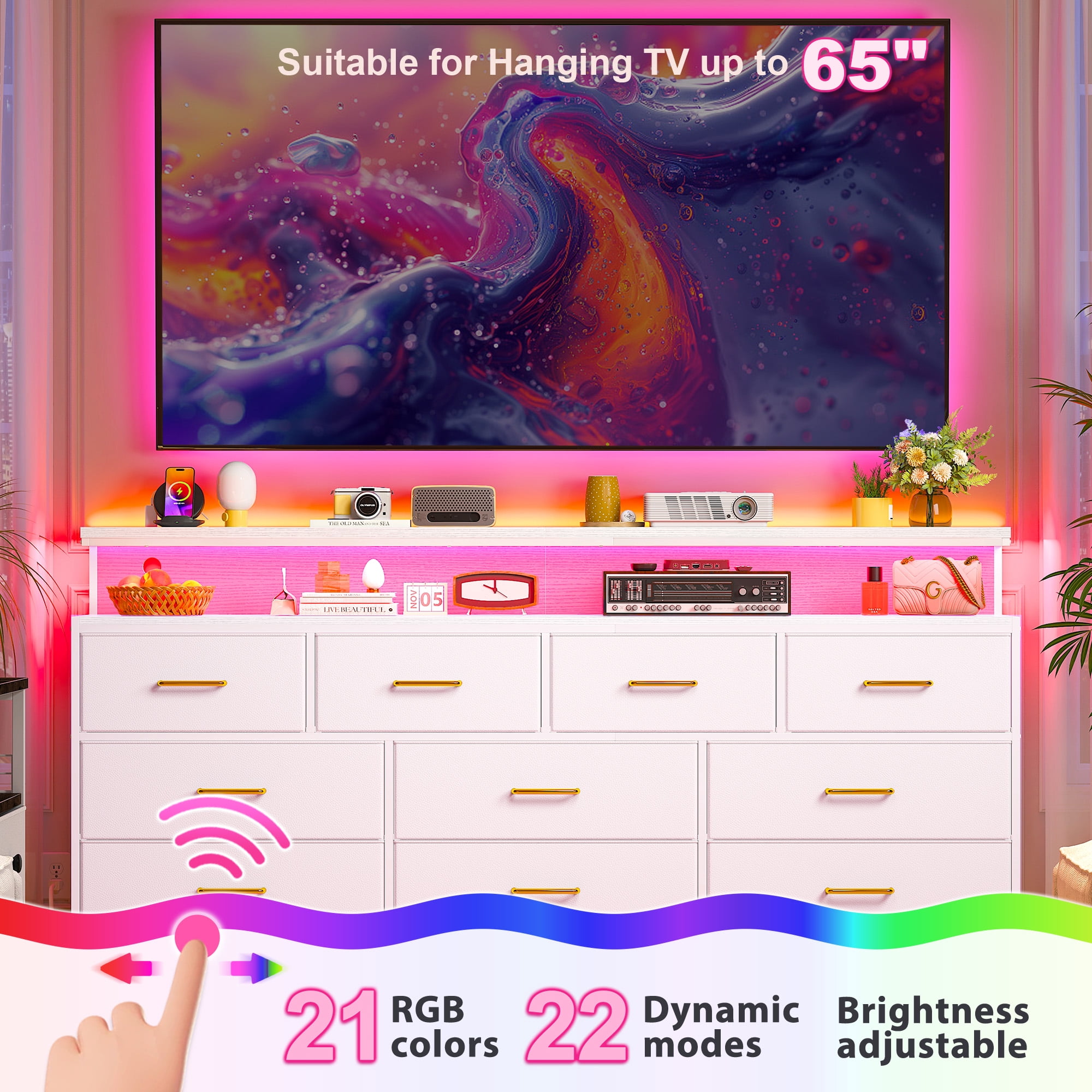 EnHomee White 55"Long Dresser for Bedroom 10 Drawers LED Dresser with charging station Fabric Dressers & Chests of Drawers,11.6"W x 55"L x 31.5"H