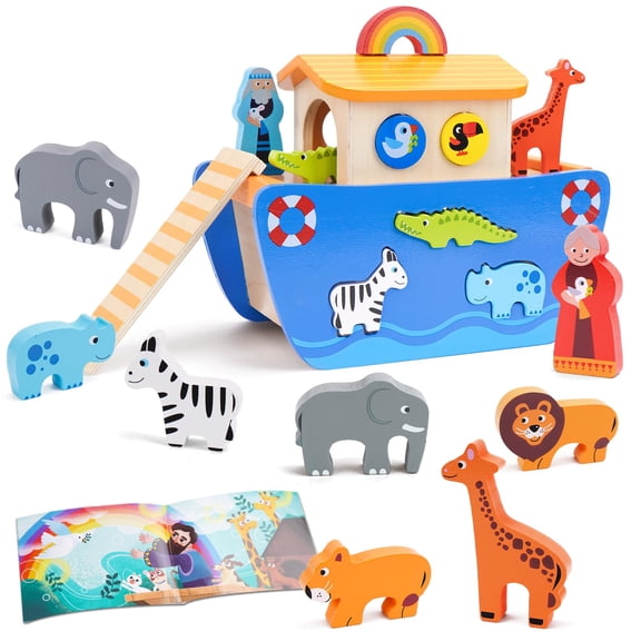 Montessori Toys for 2 3 Year Old Toddlers Boys Girls, Wooden Noahs Ark Toy Animal Playset, Shape Sorter Early Learning Toys for Babies, Bible Story Book Baptism Gifts