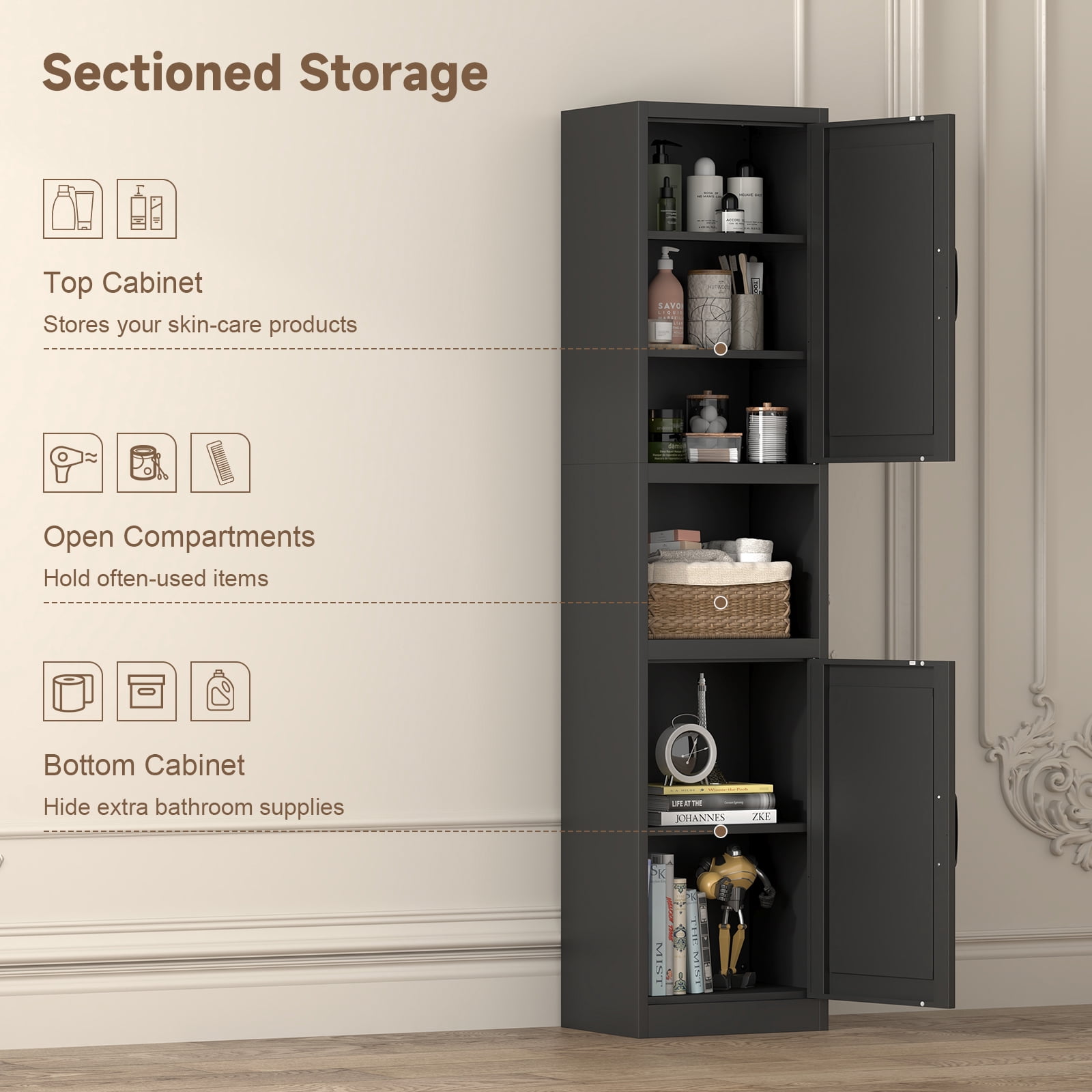Marcree 67" Tall Bathroom Storage Cabinet, Metal Narrow Storage Cabinet with 2 Doors & 6 Shelves, Slim Skinny Cabinet for Linen, Pantry, Kitchen, Living Room & Home Office, Black