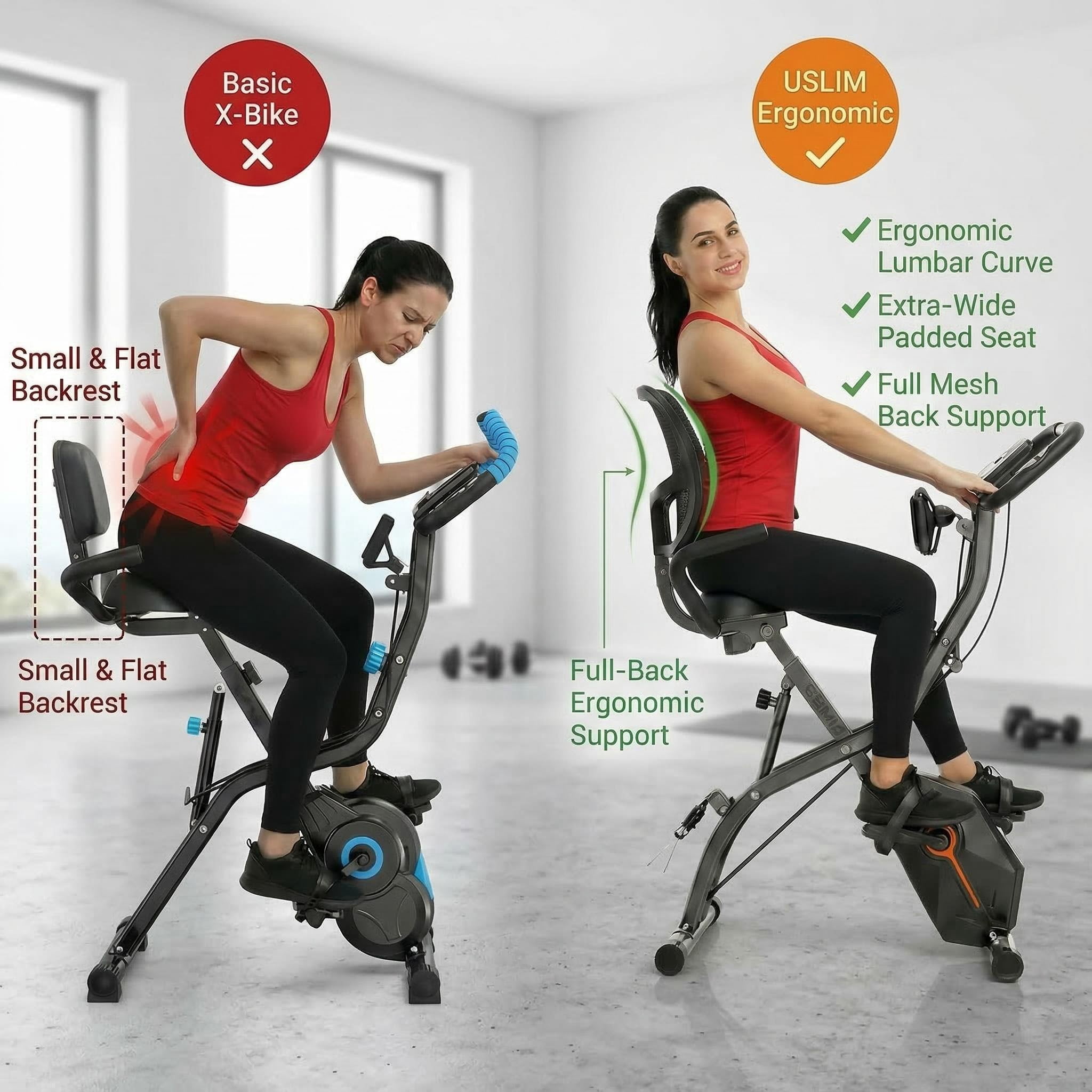 USLIM Foldable 5-in-1 Exercise Bike with Wide Seat and Backrest, Quiet Stationary Bike with 16-Level Magnetic Resistance, 300 lb Capacity