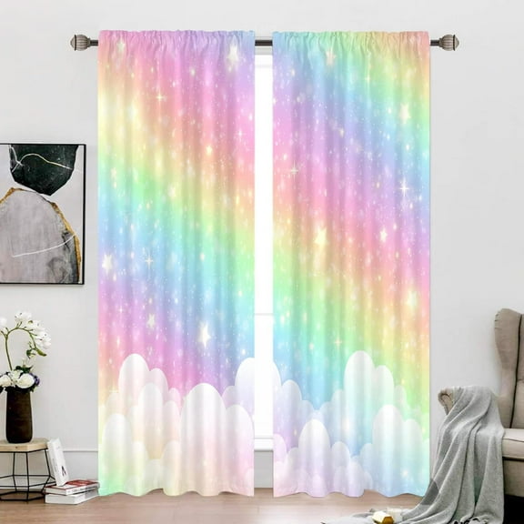 Rainbow Curtains 52Wx84H Inch Rod Pocket Kids Pastel Curtains Girls Cartoon Cute Colorful Sky Clouds Stars Aesthetic Art Printed Girly Princess Living Room Bedroom Window Drapes Fabric 2 Panel