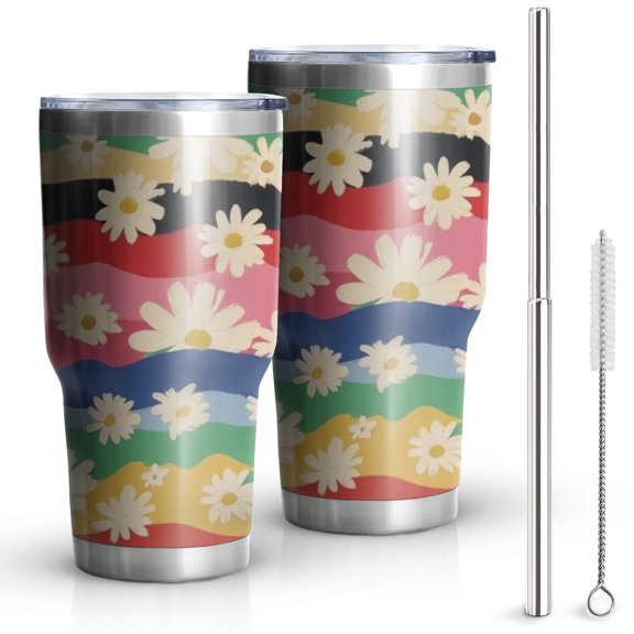 30oz Pioneer Flower Floral Print Pattern Tumblers Stainless Steel Tumbler with Lid and Straw,Vacuum Insulated Double Wall Travel Tumbler Cups Mug with Cleaning Brush for Coffee,Tea