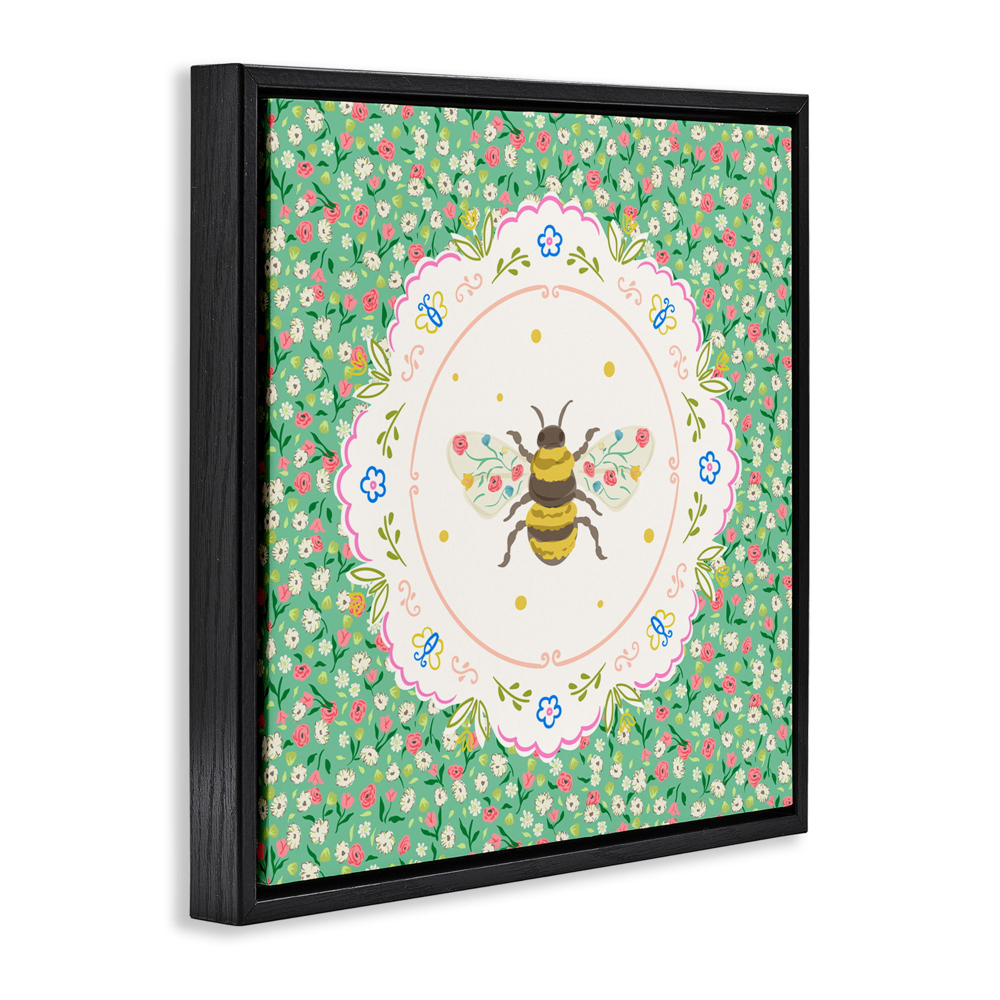 Spring Bee Delicate Florals Black Framed Floater Canvas Wall Art, design by Angela Steahling