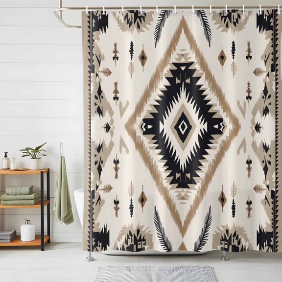 Shower Curtains for Bathroom, Boho Black Brown Waterproof Fabric Shower Curtain, Retro Geometric Southwestern Ethnic Decorative Bathroom Curtain for Bathtub, 66"x72", No Hooks Included