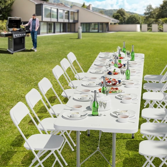 8 Foot Plastic Folding Table Portable Long Table for Indoor Outdoor Use Rectangular with Carrying Handle,White